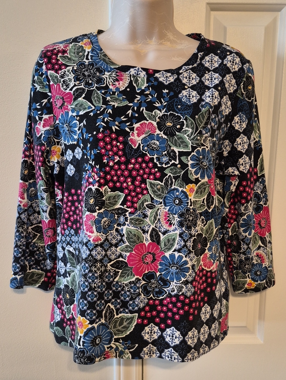 Rafaella Navy Floral Patchwork Scoop Neck Long Sleeve Top